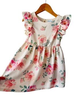 Rococo Kids Pink Floral Ruffle-Sleeve Dress - Cream Background